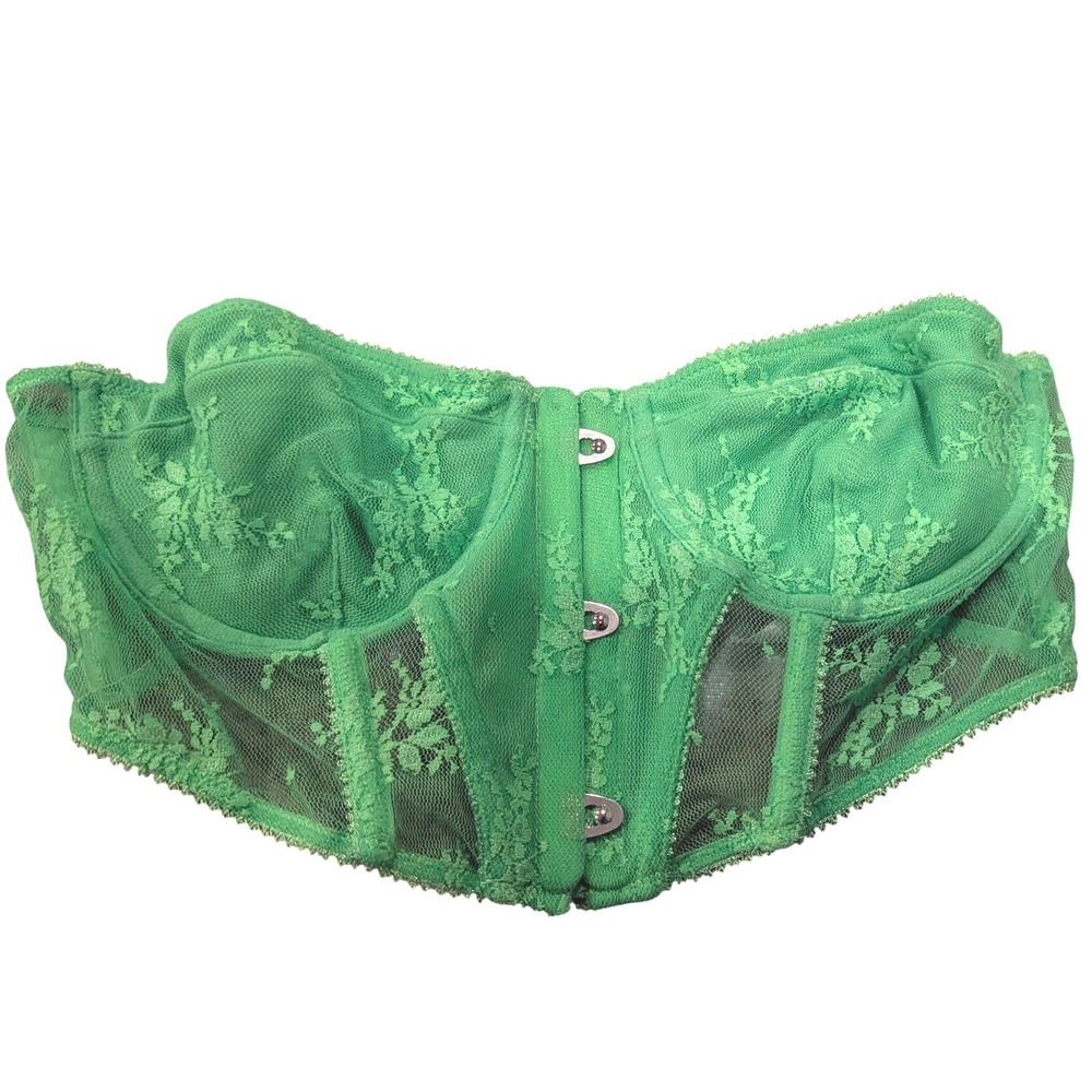 Out From Under Corset Top Large Green Floral Lace Mesh Boned Fairycore Bustier